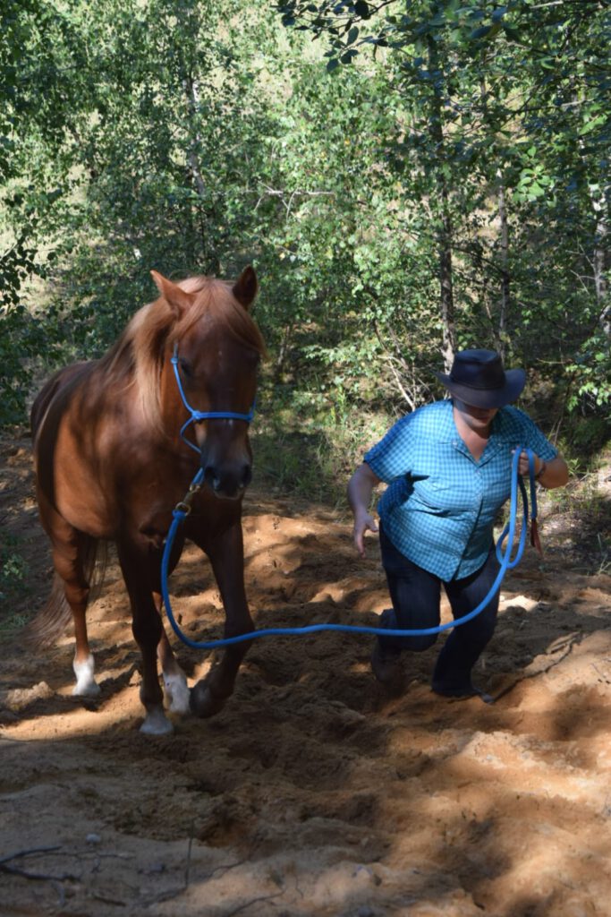 Melanie mit Nemo (geführt) beim Trailen bergauf im tiefen Sand